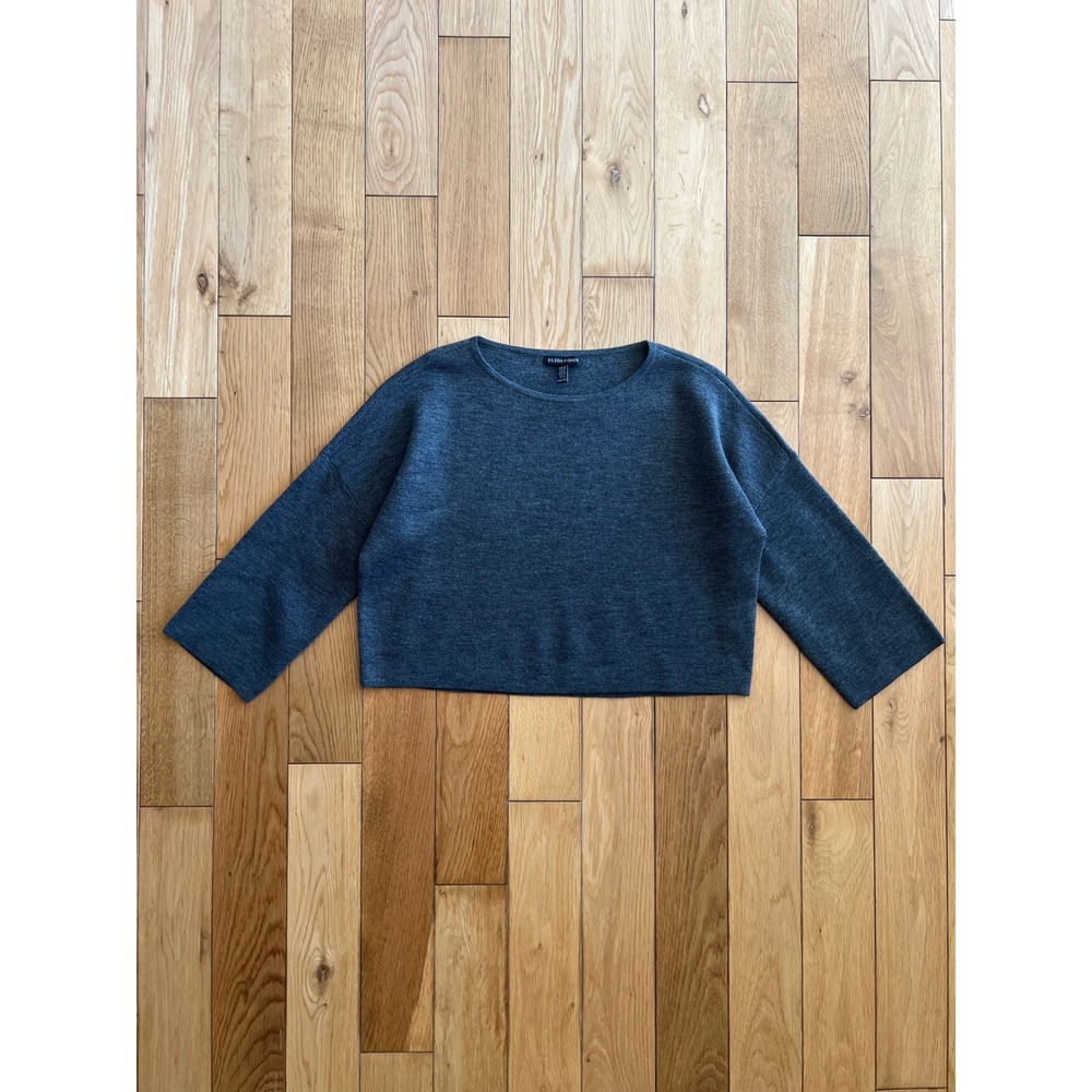 Eileen Fisher 100% Merino Wool Boxy Fit 3/4 Sleeve Top Gray Oversized Womens XXS